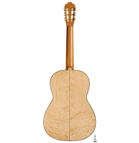 The back of a 2008 Simon Ambridge "1887 Torres SE 111" classical guitar made of spruce and maple