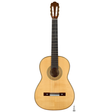 The front of a 2008 Simon Ambridge "1887 Torres SE 111" classical guitar made of spruce and maple