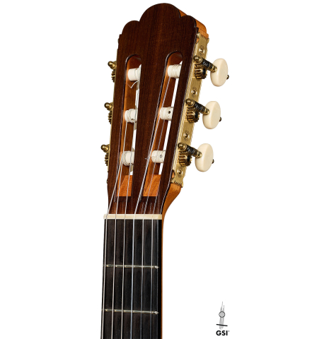 The headstock of a 2008 Simon Ambridge "1887 Torres SE 111" classical guitar made of spruce and maple