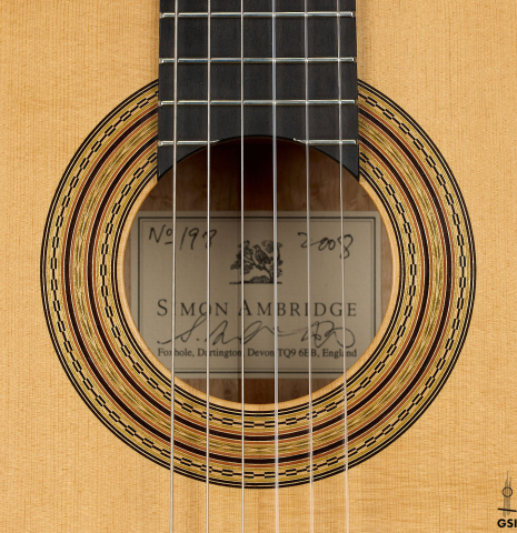 The rosette of a 2008 Simon Ambridge "1887 Torres SE 111" classical guitar made of spruce and maple