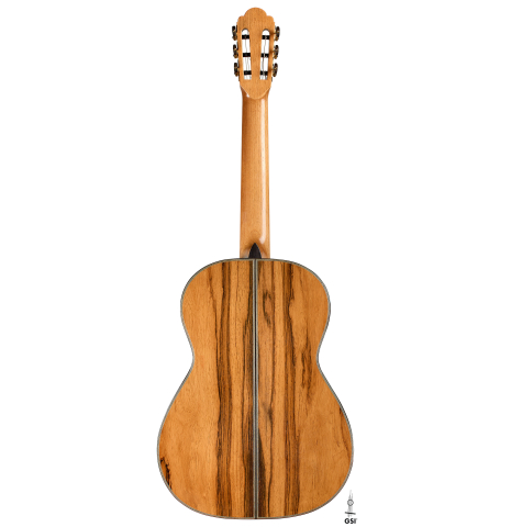 The back of a 2025 Ariel Ameijenda "70th Anniversary" classical guitar made of Alerce and CSA rosewood