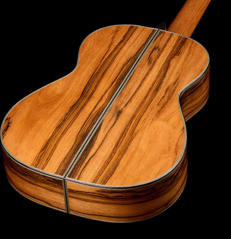 The back and sides of a 2025 Ariel Ameijenda "70th Anniversary" classical guitar made of Alerce and CSA rosewood