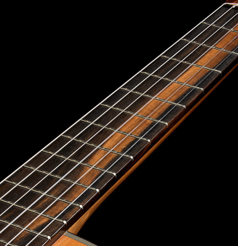 The exotic ebony fingerboard of a 2025 Ariel Ameijenda "70th Anniversary" classical guitar made of Alerce and CSA rosewood