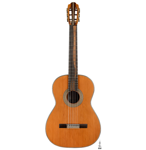 The front of a 2025 Ariel Ameijenda "70th Anniversary" classical guitar made of Alerce and CSA rosewood