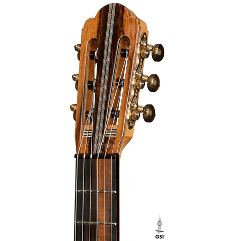 The headstock of a 2025 Ariel Ameijenda "70th Anniversary" classical guitar made of Alerce and CSA rosewood