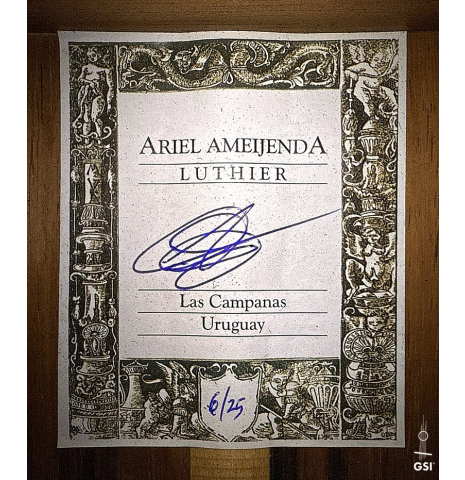 The label of a 2025 Ariel Ameijenda "70th Anniversary" classical guitar made of Alerce and CSA rosewood