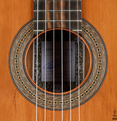The rosette of a 2025 Ariel Ameijenda "70th Anniversary" classical guitar made of Alerce and CSA rosewood