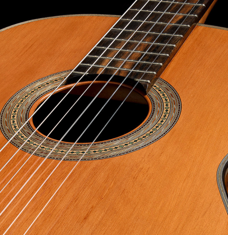 The soundboard and rosette of a 2025 Ariel Ameijenda "70th Anniversary" classical guitar made of Alerce and CSA rosewood