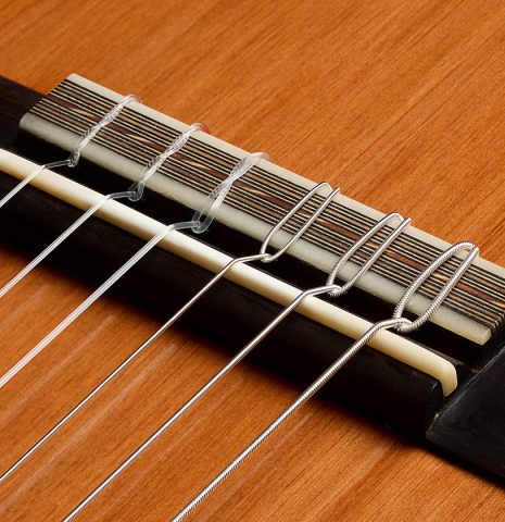 The bridge, tie-block and saddle of a 2025 Ariel Ameijenda "70th Anniversary" classical guitar made of Alerce and CSA rosewood