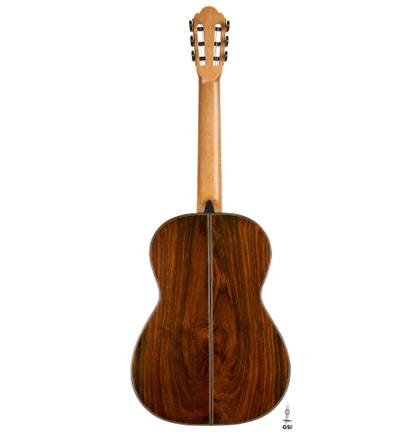 The back of a 2026 Ariel Ameijenda "70th Anniversary" classical guitar made of alerce and CSA rosewood