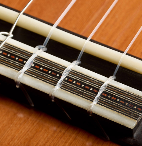 The bridge, tie-block and saddle of a 2026 Ariel Ameijenda "70th Anniversary" classical guitar made of alerce and CSA rosewood