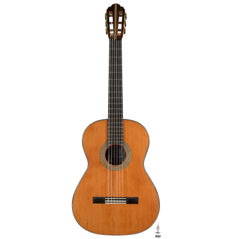 The front of a 2026 Ariel Ameijenda "70th Anniversary" classical guitar made of alerce and CSA rosewood
