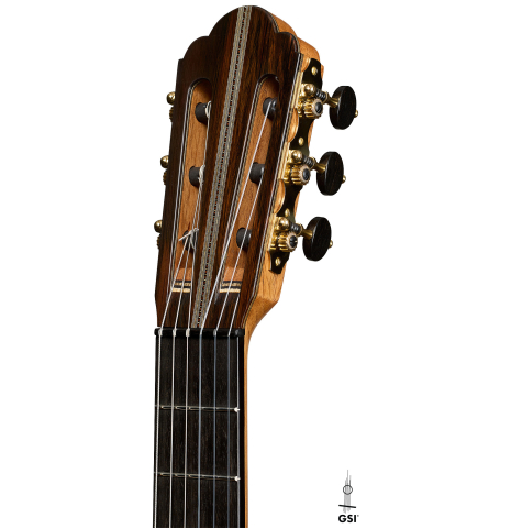 The headstock of a 2026 Ariel Ameijenda "70th Anniversary" classical guitar made of alerce and CSA rosewood