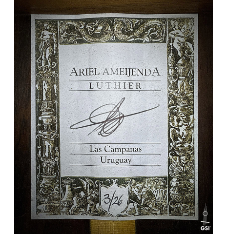 The label of a 2026 Ariel Ameijenda "70th Anniversary" classical guitar made of alerce and CSA rosewood