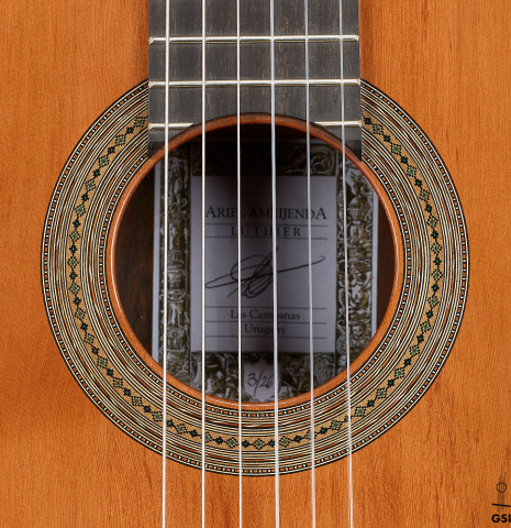 The rosette of a 2026 Ariel Ameijenda "70th Anniversary" classical guitar made of alerce and CSA rosewood