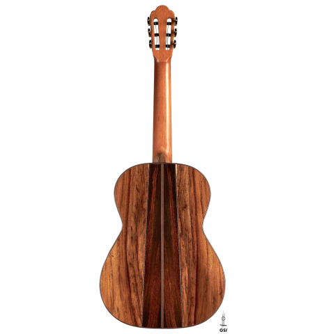 The back of a 2023 Ariel Ameijenda &quot;Confessional&quot; classical guitar made of cedar and Uruguayan blackwood