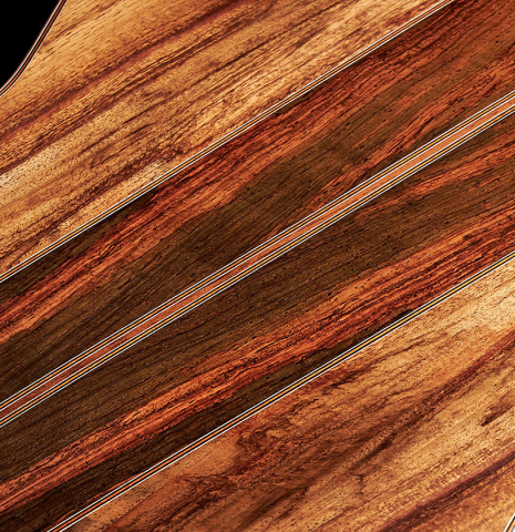 The back of a 2023 Ariel Ameijenda &quot;Confessional&quot; classical guitar made of cedar and Uruguayan blackwood