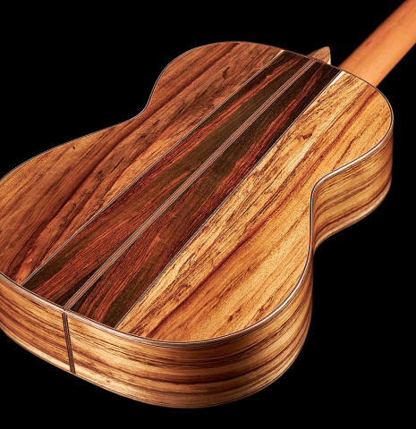 The back of a 2023 Ariel Ameijenda &quot;Confessional&quot; classical guitar made of cedar and Uruguayan blackwooddar and Uruguayan blackwood023 Ariel Ameijenda &quot;Confessional&quot; classical guitar made of cedar and Uruguayan blackwood