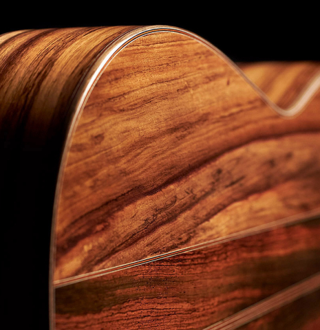 The back and sides of a 2023 Ariel Ameijenda &quot;Confessional&quot; classical guitar made of cedar and Uruguayan blackwood