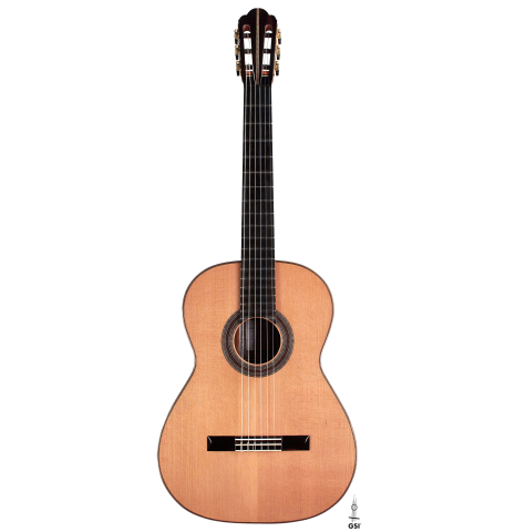 The front of a 2023 Ariel Ameijenda &quot;Confessional&quot; classical guitar made of cedar and Uruguayan blackwood