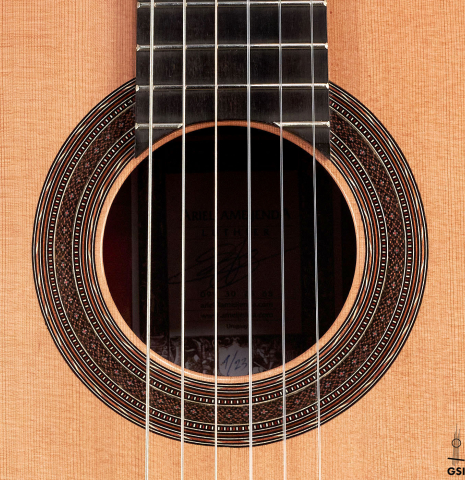 The rosette of a 2023 Ariel Ameijenda &quot;Confessional&quot; classical guitar made of cedar and Uruguayan blackwood