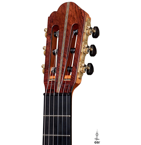 This is the headstock of a 2022 Ariel Ameijenda &quot;Confessional&quot; AL/BL classical guitar on a white background