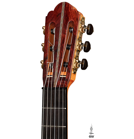 The headstock of a 2022 Ariel Ameijenda &quot;Confessional&quot; made of alerce and Uruguayan blackwood