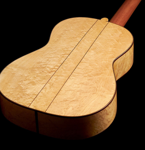 The 3-piece back of a 2023 Ariel Ameijenda "1885 Torres - SE 51" classical guitar made of spruce and maple