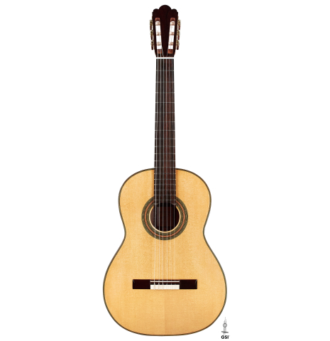 The front of a 2023 Ariel Ameijenda "1885 Torres - SE 51" classical guitar made of spruce and maple