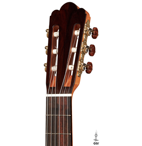 The headstock of a 2023 Ariel Ameijenda "1885 Torres - SE 51" classical guitar made of spruce and maple
