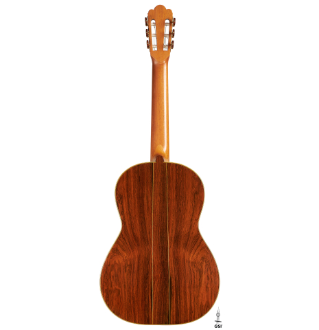 The back of a 2024 Ariel Ameijenda "1885 Torres - SE 51" classical guitar made of spruce and CSA rosewood