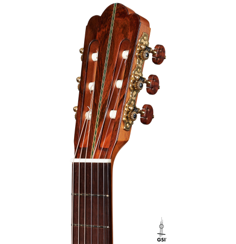 The headstock of a 2024 Ariel Ameijenda "1885 Torres - SE 51" classical guitar made of spruce and CSA rosewood