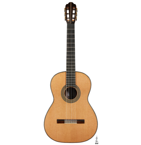 The front of a 2024 Ariel Ameijenda classical guitar made of cedar and CSA rosewood