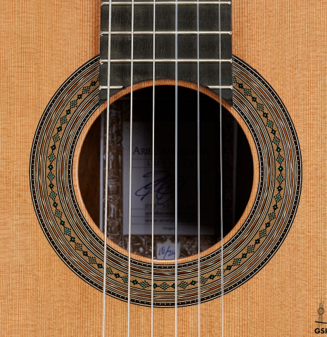The rosette of a 2024 Ariel Ameijenda classical guitar made of cedar and CSA rosewood