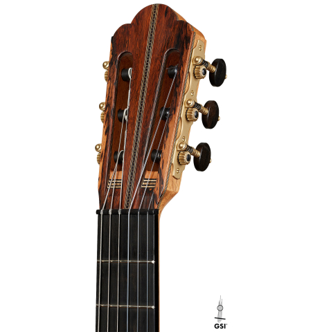 The headstock of a 2025 Ariel Ameijenda classical guitar made of cedar and CSA rosewood
