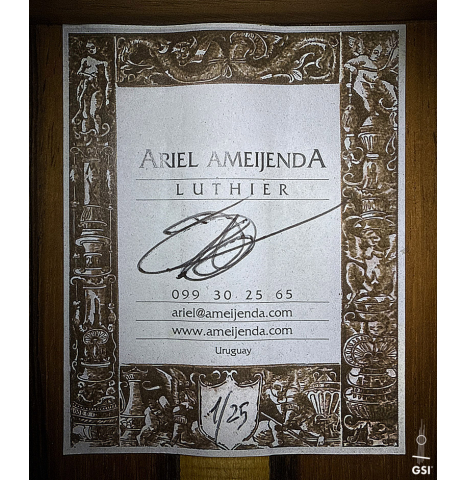 The label of a 2025 Ariel Ameijenda classical guitar made of cedar and CSA rosewood
