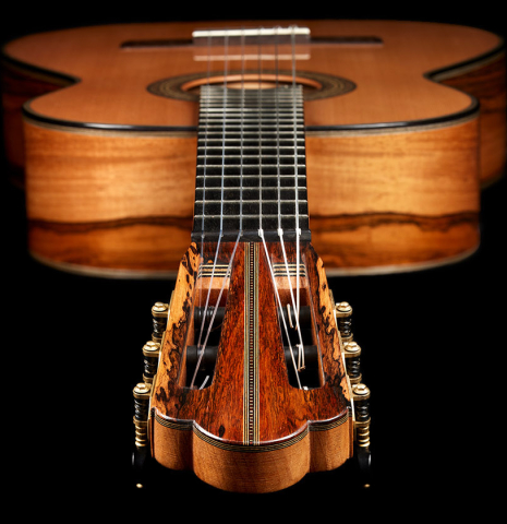 View from the headstock of a 2025 Ariel Ameijenda classical guitar made of cedar and CSA rosewood