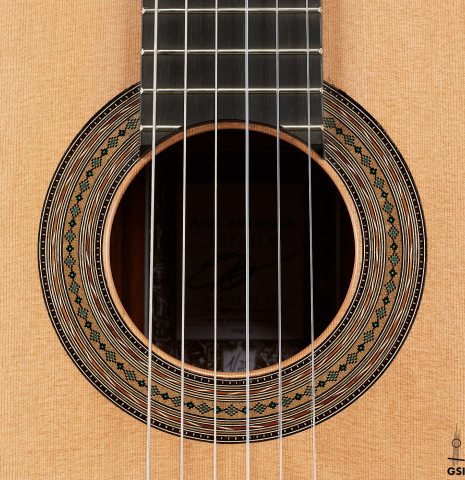 The rosette of a 2025 Ariel Ameijenda classical guitar made of cedar and CSA rosewood