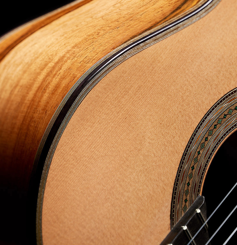 The soundboard, top binding and purfling of a 2025 Ariel Ameijenda classical guitar made of cedar and CSA rosewood