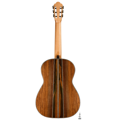 The back of a 2025 Ariel Ameijenda "70th Anniversary - Lightning Strikes" classical guitar made of cedar and CSA rosewood