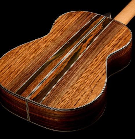 The back and sides of a 2025 Ariel Ameijenda "70th Anniversary - Lightning Strikes" classical guitar made of cedar and CSA rosewood