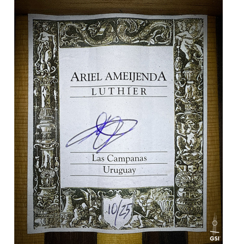 The label of a 2025 Ariel Ameijenda "70th Anniversary - Lightning Strikes" classical guitar made of cedar and CSA rosewood