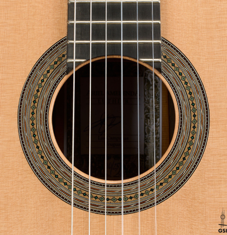 The rosette of a 2025 Ariel Ameijenda "70th Anniversary - Lightning Strikes" classical guitar made of cedar and CSA rosewood