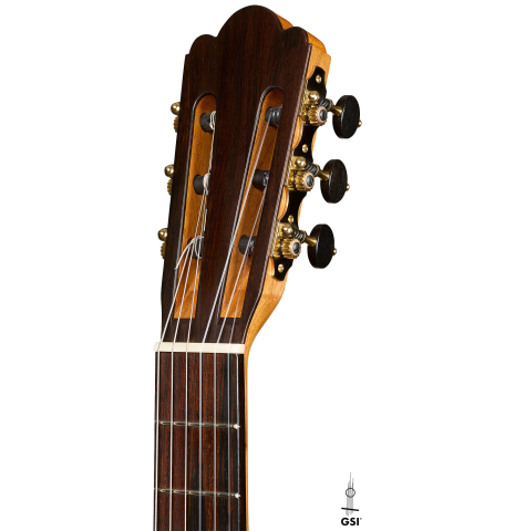 The headstock of a 2026 Ariel Ameijenda "1885 Torres - SE 81" classical guitar made of spruce and cypress