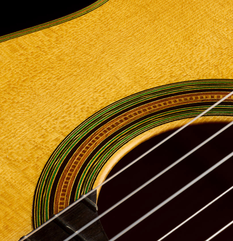 The soundboard and rosette of a 2026 Ariel Ameijenda "1885 Torres - SE 81" classical guitar made of spruce and cypress