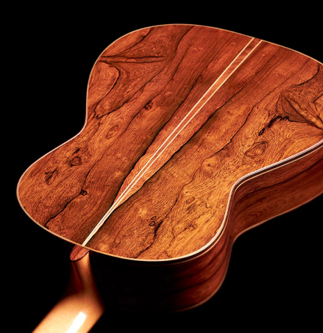 The back of a 2022 Mario Aracama classical guitar made of spruce and African rosewood