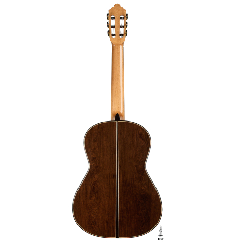 The back of a 2026 Mario Aracama classical guitar made of spruce and African rosewood