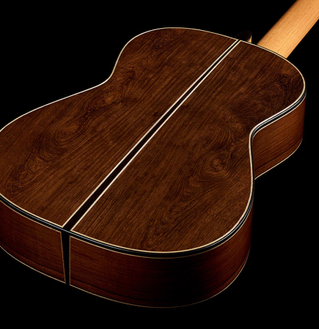 The back and sides of a 2026 Mario Aracama classical guitar made of spruce and African rosewood