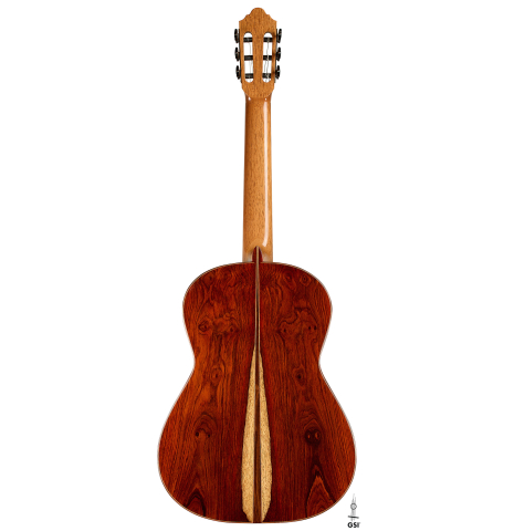 The back of a 2025 Mario Aracama classical guitar made of cedar and cocobolo