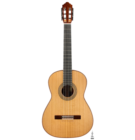 The front of a 2025 Mario Aracama classical guitar made of cedar and cocobolo